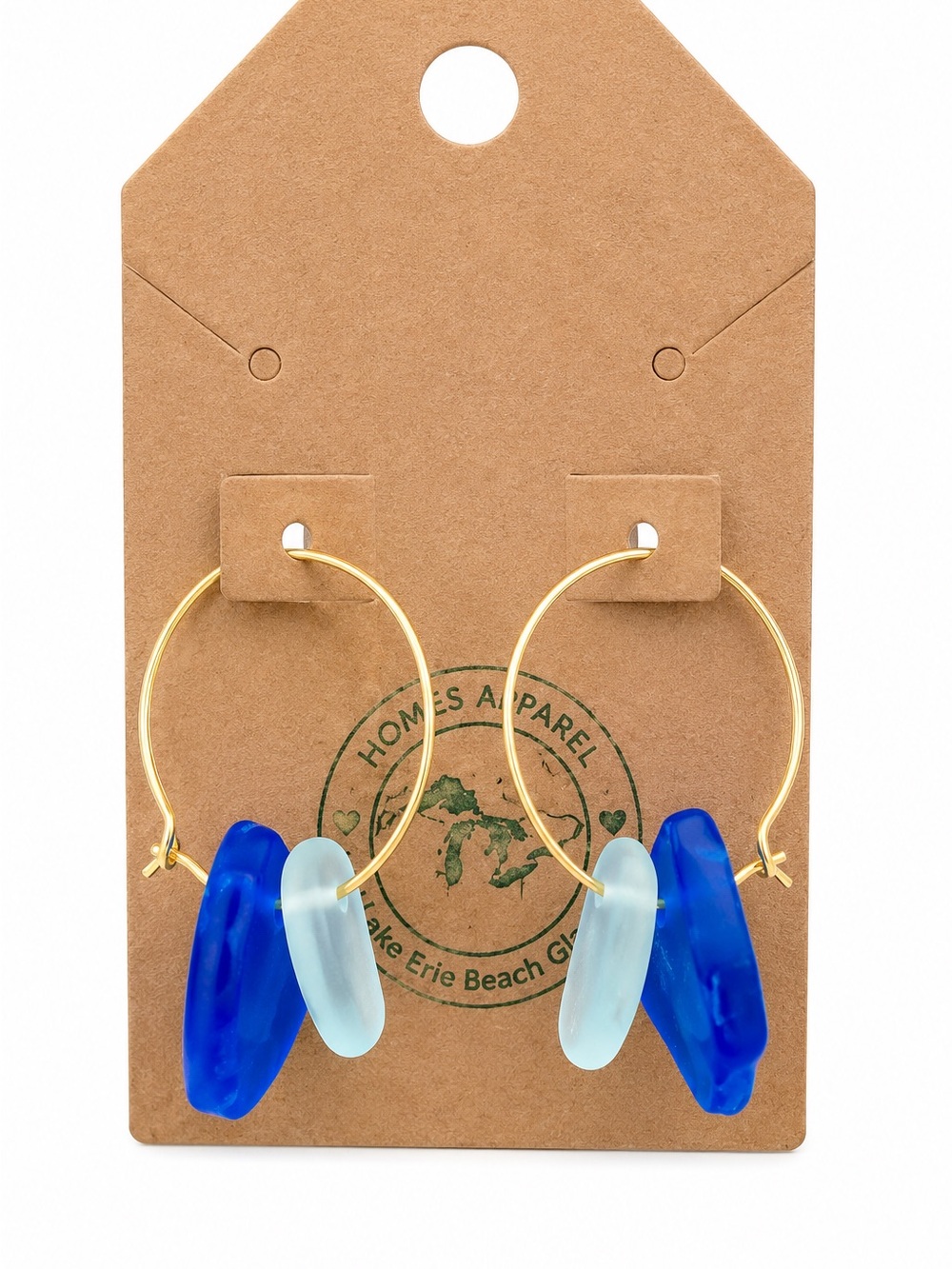 Gold Hoop Earrings with Cobalt Blue & Pale Blue Beach Glass